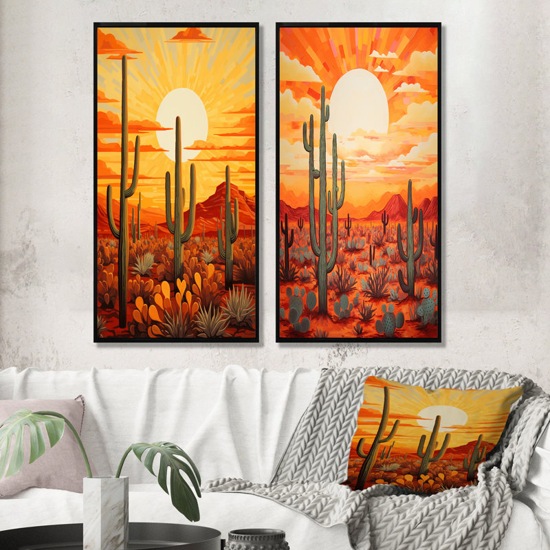 Cactus coucher de soleil ombres - ensemble de 2 reproductions d'art mural cactus, Cadre flottant noir, H 40 po x l 41 po