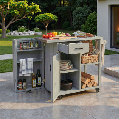 Îlot de cuisine extérieur avec plateau en acier inoxydable, serviette, étagères à épices, armoire, espace de rangement ouvert et tiroir