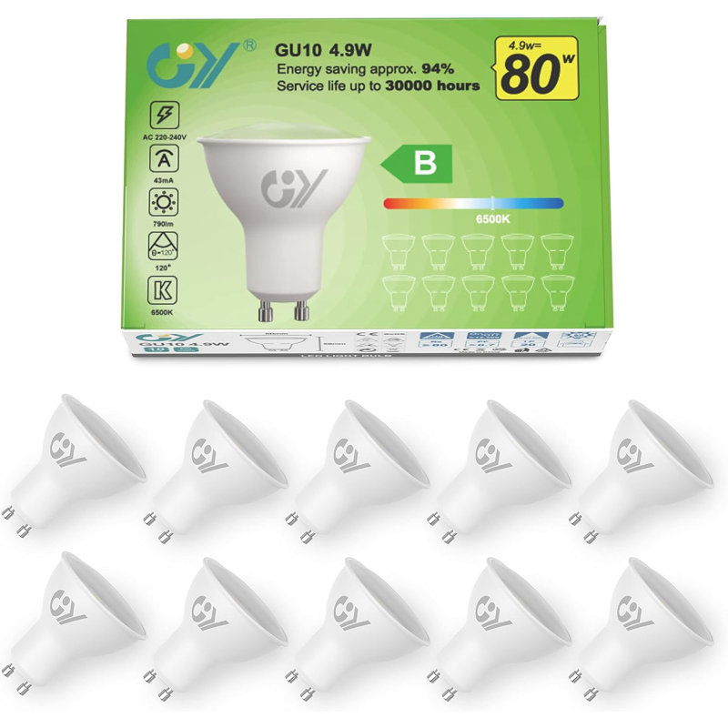 GY GU10 LED Bulb 4.9W 790lm 4000K Energy Saving LED Bulb,The New UK Energy Efficiency Class B Replaces 80W, 110°Beam Angle Non-Dimmable, 10 Pack