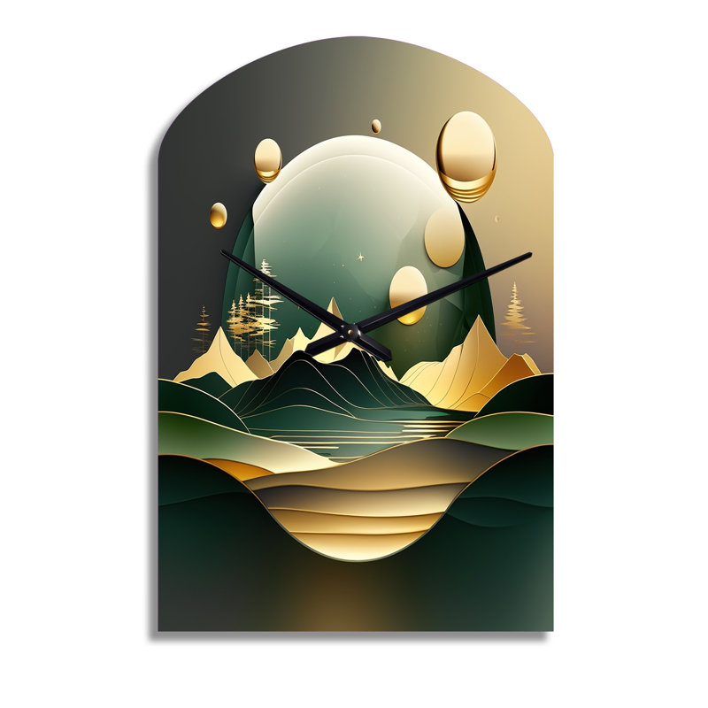 Dreamy Golden Mountain III - Arch Shape Decorative Green Abstract Marble Wall Clock, Medium