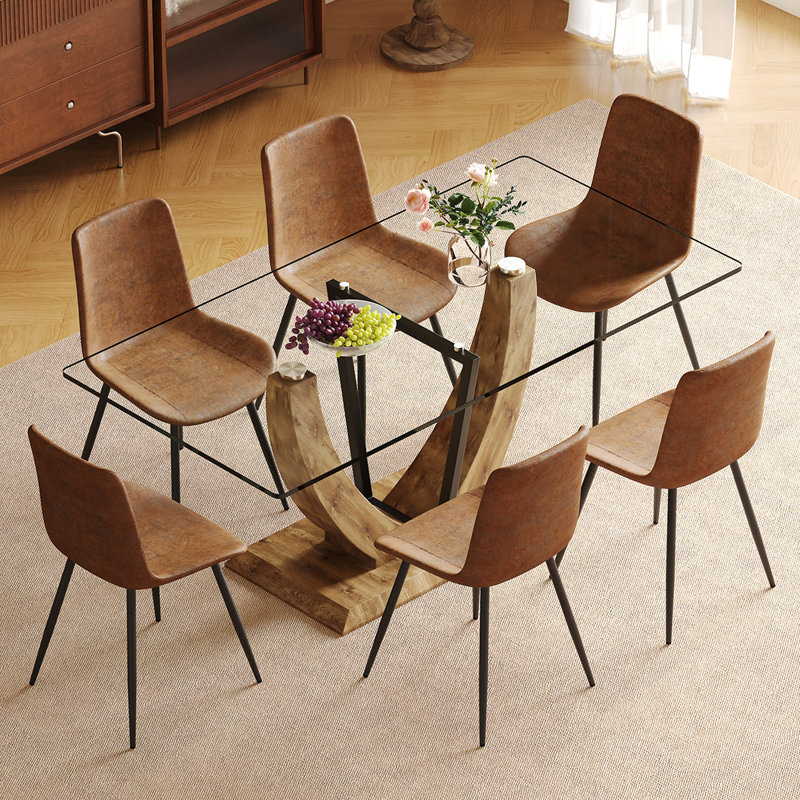 Ensemble de table de salle à manger de 71 po pour 6 personnes, plateau en verre trempé avec pieds en forme de U et chaises en tissu, idéal pour les cuisines et les salons