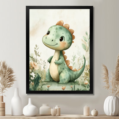Petit dinosaure vert dans le jardin - Tableau encadré pour chambre d'enfant