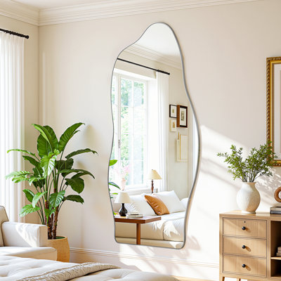 Full Length Mirror, Wavy Shaped Floor Mirror With Stand, Decorative Irregular Leaning Or Hanging Mirror For Bedroom, Living Room Entryway Decor