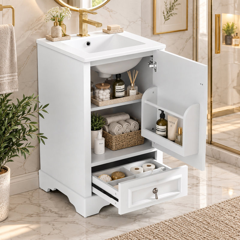 Meuble-lavabo de 51 cm (20 po) avec lavabo en céramique, porte à fermeture amortie, tiroir, tablette réglable et porte de rangement.