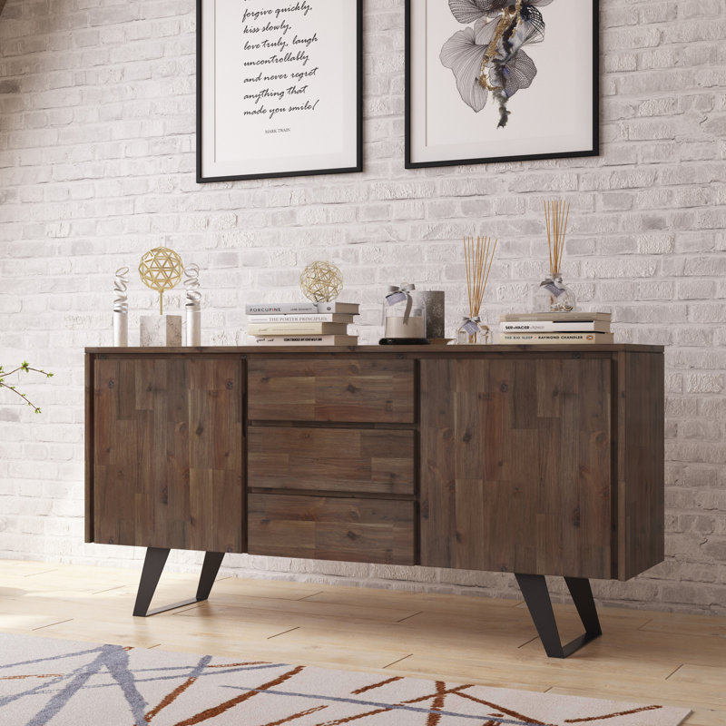 Lowry 60"W Solid Wood Modern Industrial 2-Door Sideboard Buffet with 3 Center Drawers, Rustic Natural Aged Brown