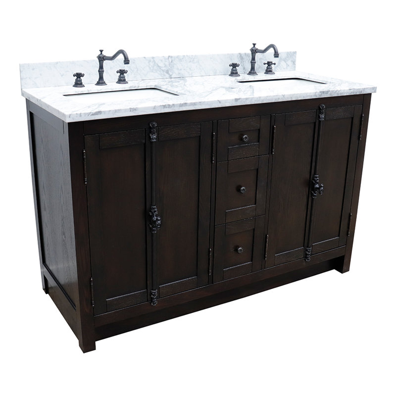 Ensemble de meuble-lavabo double 55 po Keesha, Marbre blanc, Brun cendré, Chrome