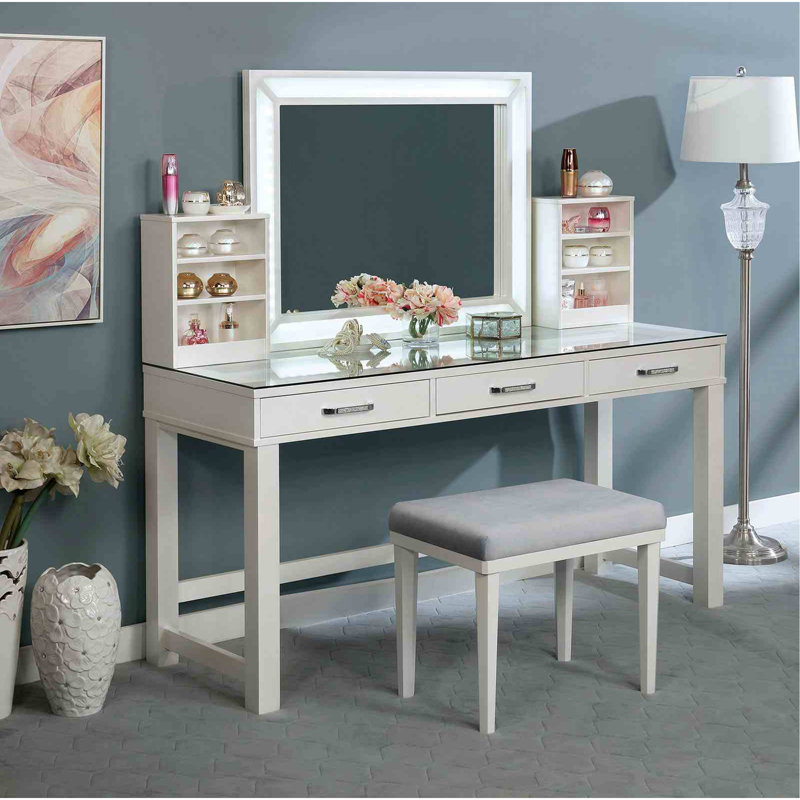 Glam Style 1pc Vanity w/ Stool Set Tempered Glass Top Central Mirror Storage Drawers Padded Stool Luminous White Finish Bedroom Furniture