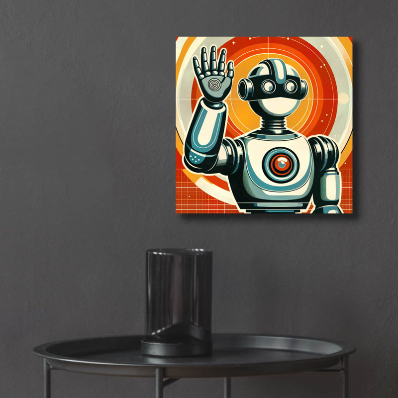 Art mural en verre épique 12 po x 12 po «Retro Robot Hello» par Rey Klimt