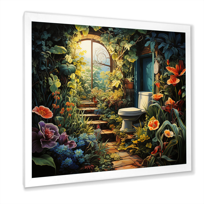 Garden Oasis Toilet - Bath & Laundry Wall Art Prints, Cadre simple blanc, H 24 po x l 24 po x P 1 po
