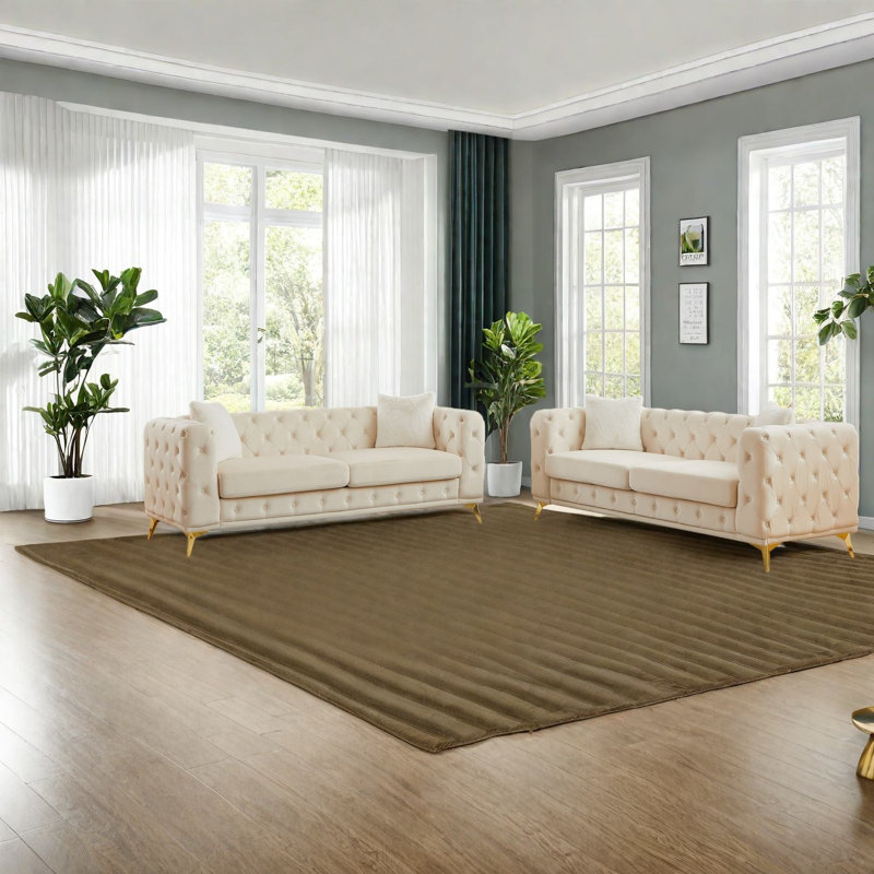 Ensemble de canapés à compression, maison moderne 3 places en velours beige avec pieds en métal