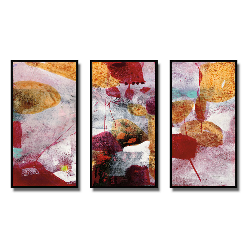 Aquarelle abstraite avec rouge et jaune - ensemble d'art mural moderne sur toile encadrée moderne et contemporain de 3