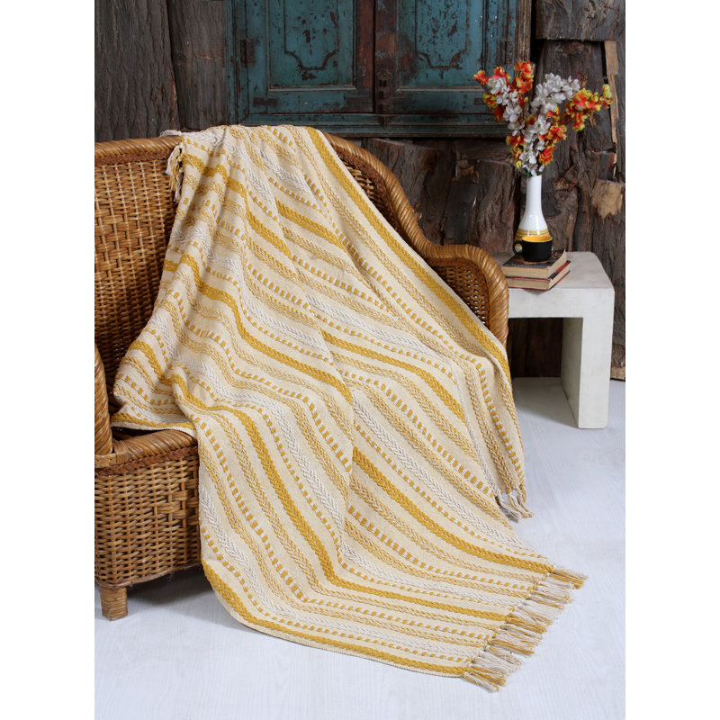 Farm Mustard Cotton Throw Blanket with Tassels, 50x60 Inches
