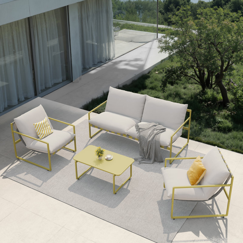Brett Modular Green All-Steel Webbing Sofa Set Of 4-Piece, White Cushion/Green Frame