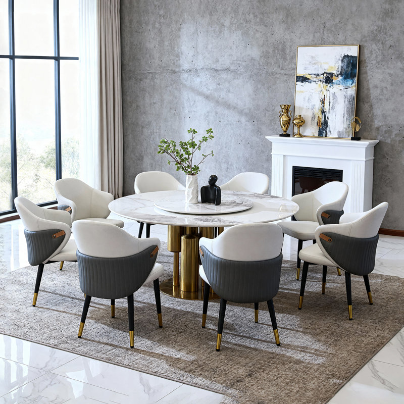 Table de salle à manger ronde 59 po 59 po avec plateau tournant à 360 °, plateau en pierre frittée résistant aux taches et à la chaleur, design minimaliste moderne pour la cuisine, la salle à manger et les espaces compacts (8 chaises)