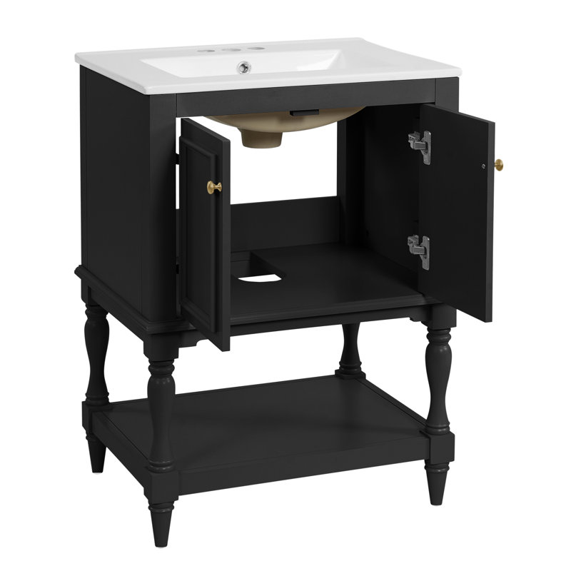 Meuble-lavabo moderne 24 po avec lavabo et rangement en céramique, Noir, Doré