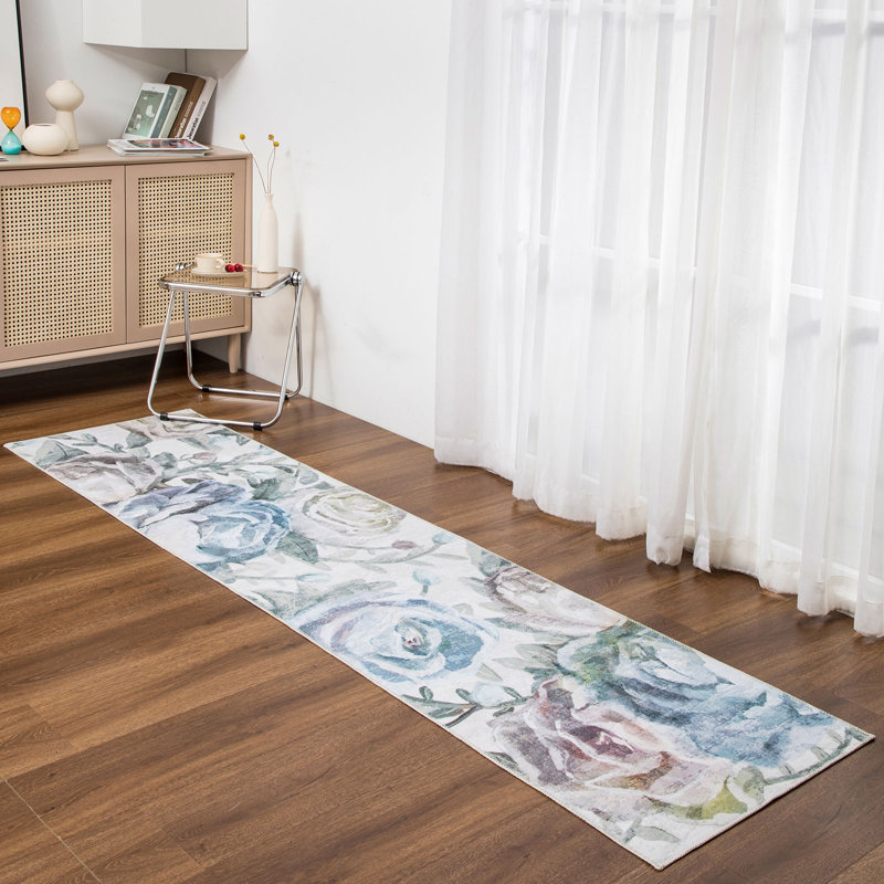 Blue Floral Machine Washable Synthetic Runner Rug