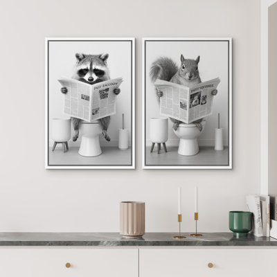 Raccoon and Squirrel Funny Bathroom Wall Art Set of 2 - Animal Reading Prints, Whimsical Decor for Eclectic or Kids' Spaces