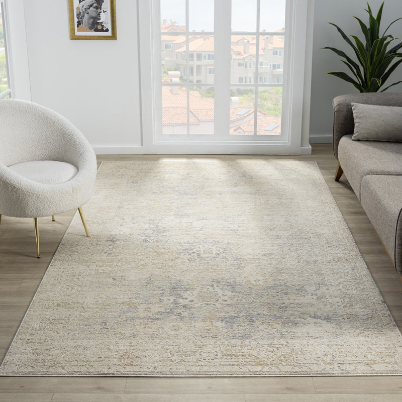 Kwamane Beige/Stone Blue Traditional Distressed Floral Power-loomed Indoor Area Rug, Rectangle 9' x 12'