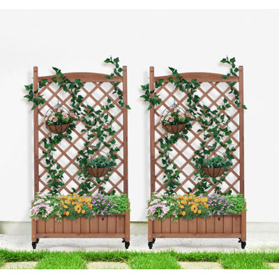Lit de jardin surélevé avec treillis, ensemble de 2 jardinières en bois et support à plantes avec supports d'escalade