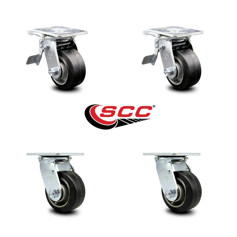 Ensemble de roulettes en caoutchouc sur aluminium de 4 pouces avec roulement à rouleaux et 2 freins à verrouillage total SCC