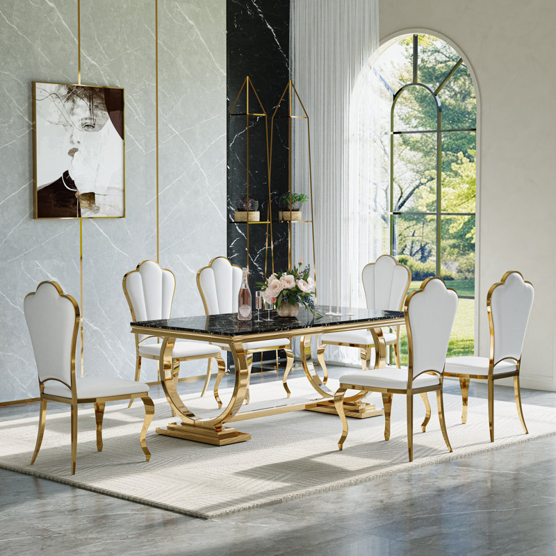 Ensemble de table de salle à manger 7 pièces, table de salle à manger en placage de marbre et 6 chaises en cuir, Doré