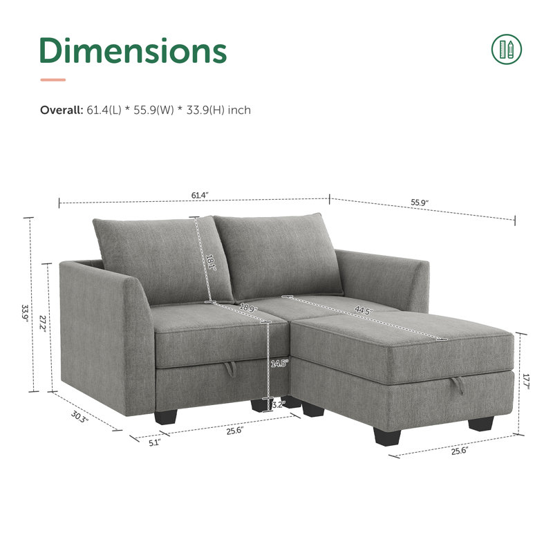 L Shaped Modular Reversible Sofa with Chaise Small Sectional, Gray Polyester Blend