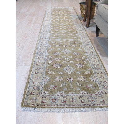 Agra Violet Oriental Beige Hand Knotted Wool Gold/Mustard Traditional 2'5" x 11'10" Runner Rug