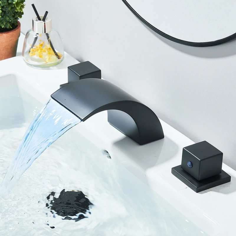 Matte Black Waterfall Bathroom Faucet, LED 8 Inch Widespread Vanity Sink Faucet with 2 Knobs, 3 Hole Modern Faucet