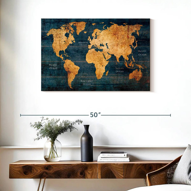 Océan rustique de la carte du monde, H 24 po x l 36 po