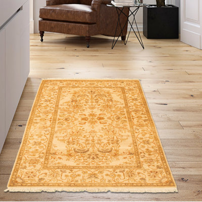 Tapis unique en laine noué à la main style nouvel âge Ushak 3 pi 2 po x 5 pi 1 po crème Yaak