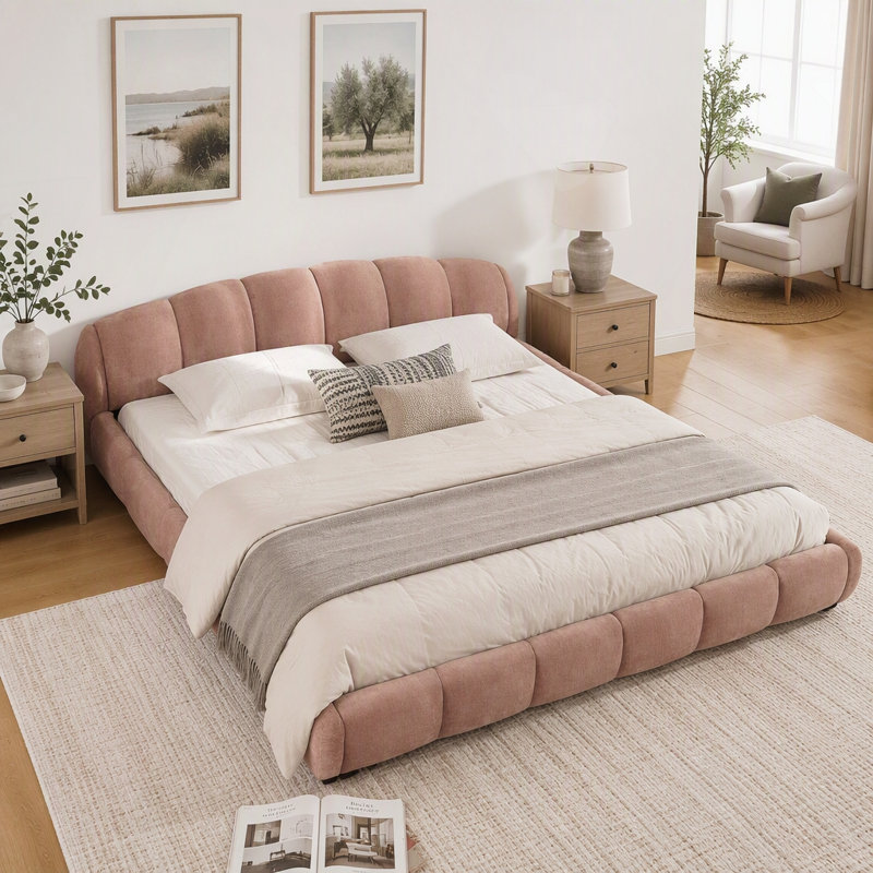 Lit plateforme tapissier Chenille, King, Pink