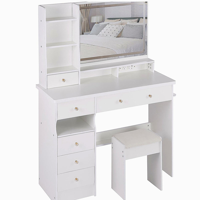 41" Large Size Left Drawer Desktop Vanity Table+Cushioned Stool Dresser Set, 2 AC+2 USB Power Station, Hair Dryer Stand, Extra Large Touch Control LED Mirror, 3-color Switch, EPA, GCC, UL Certificate