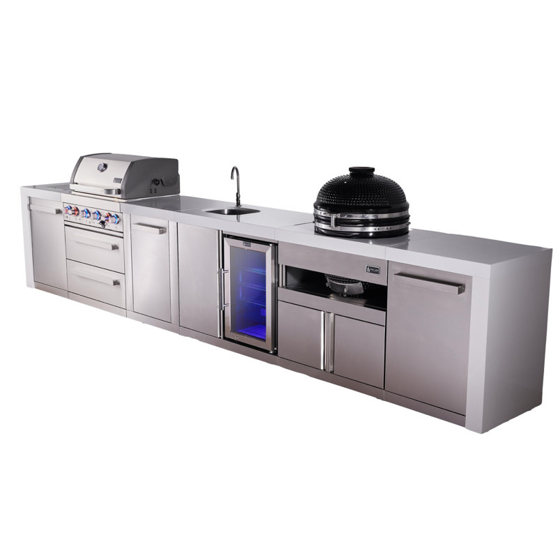 Mont Alpi Premium 4-burner 193" Deluxe Stainless Steel Island Modular Outdoor Kitchen Island Bbq Gas Grill With Beverage Center Faucet & Sink + Refrigerator + Kamado Cart + Storage Drawers & Cabinets