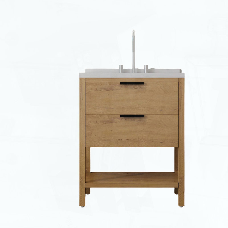 Meuble-lavabo autoportant avec lavabo, tiroir à fermeture amortie et comptoir en marbre reconstitué blanc de Carrare de 5 cm avec dosseret, contreplaqué, chêne