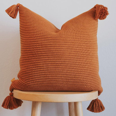 Knitted Pillow Case With Fringe Pom-poms Cotton Reversible Pillow Cover