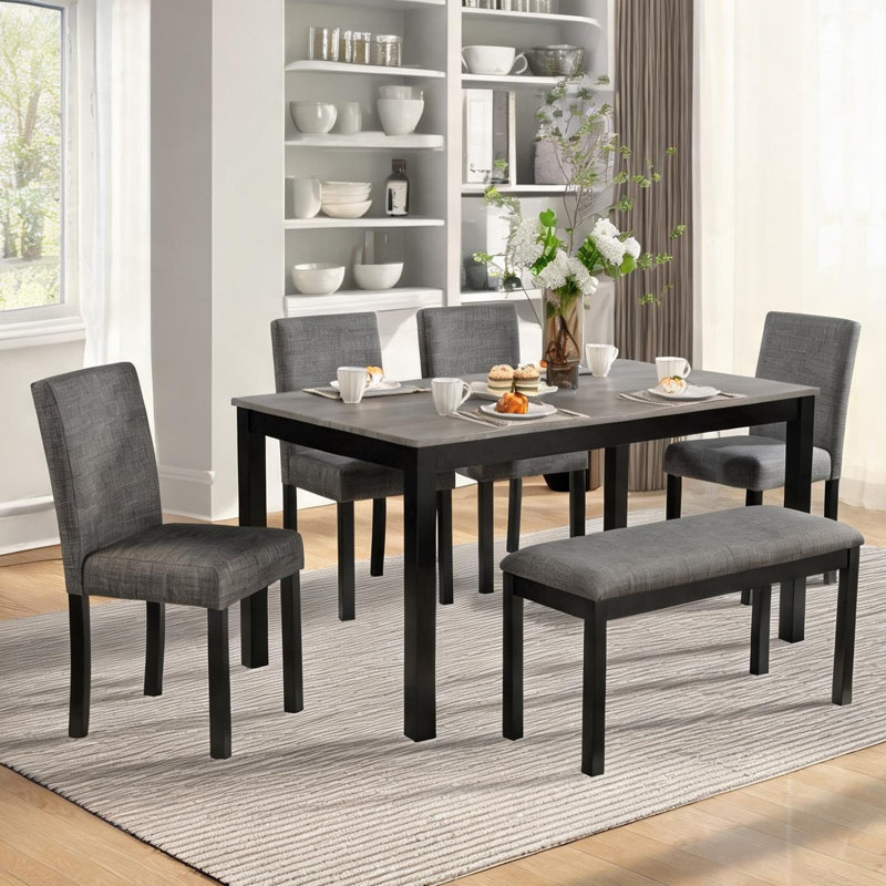 Ensemble de table rectangulaire 6 pièces avec banc et chaises rembourrées gris ardoise et noir pour salle à manger Kitchen