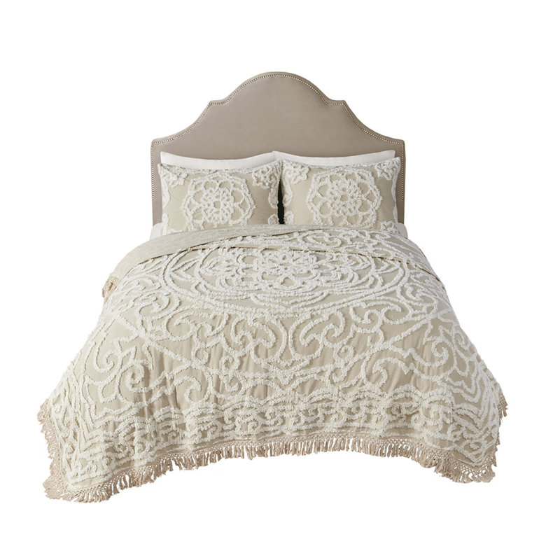 King Beige Cotton Chenille Medallion Fringe Coverlet Set