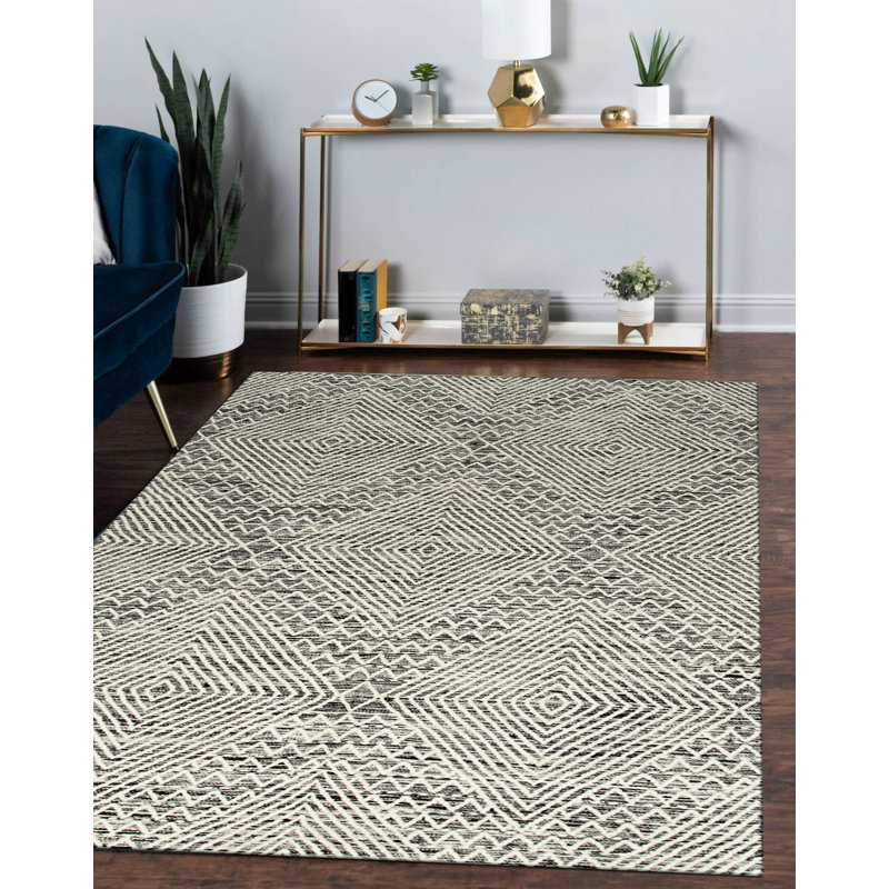 Tapis noir en laine à motif géométrique fait à la main Kilim, Rectangle 5 pi x 8 pi