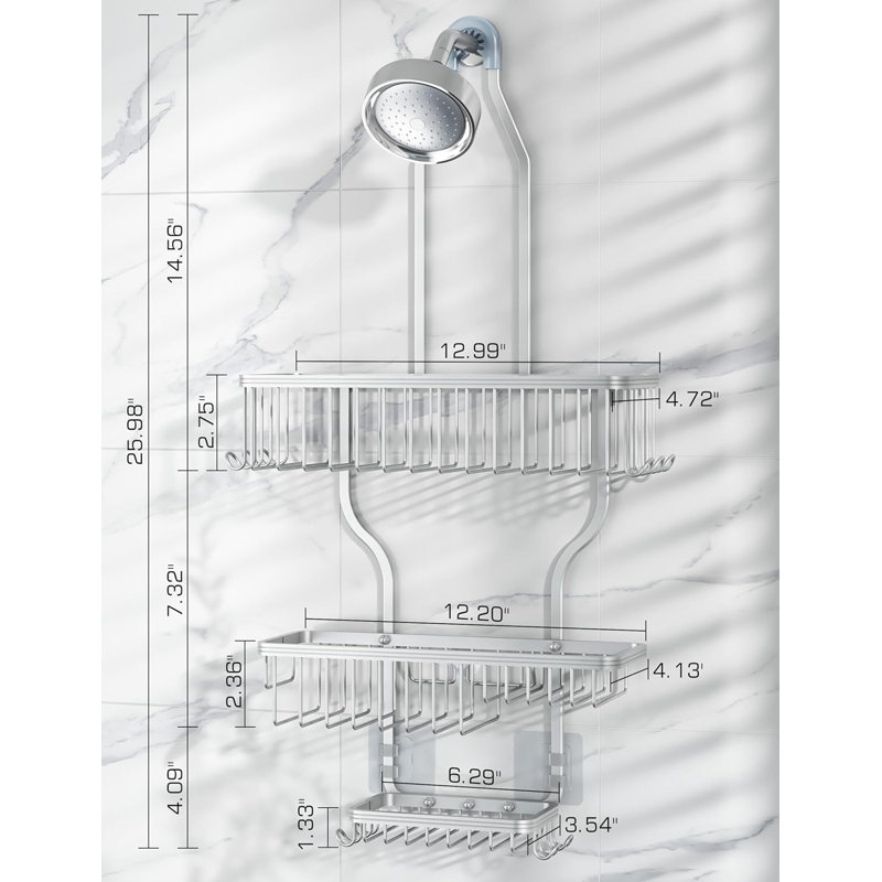 Shower Caddy Hanging - Never Rust Shower Organizer - Aluminum Over The Shower Head Caddy with 10 Hooks for Razor/Sponge