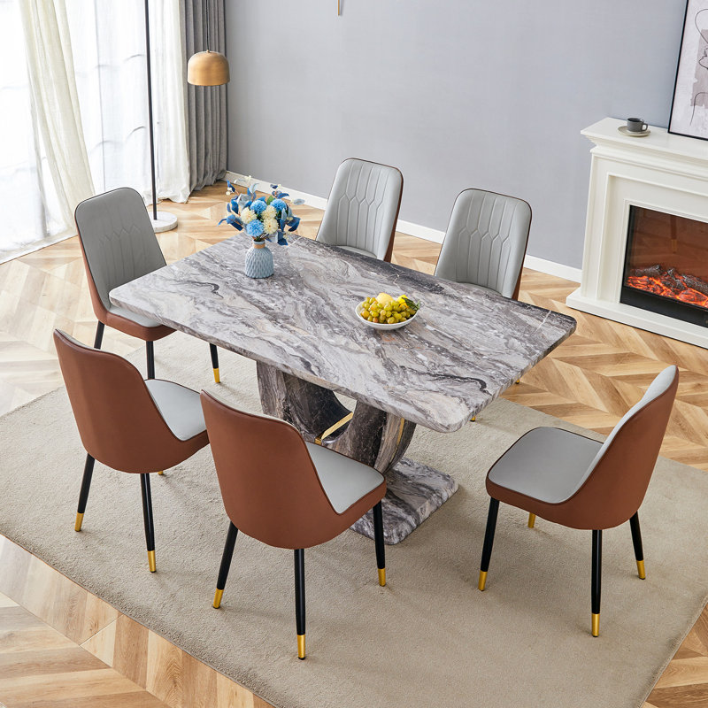 63" Modern Gray Dining Table Set With PU Leather Chairs, U-Shaped MDF Base, Gray/Brown, 7 Pieces: Table, 6 Chairs