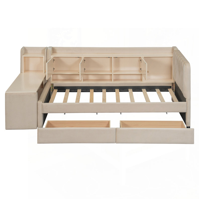 Lit de jour rembourré polyvalent avec plusieurs options de rangement et table d'appoint, Beige