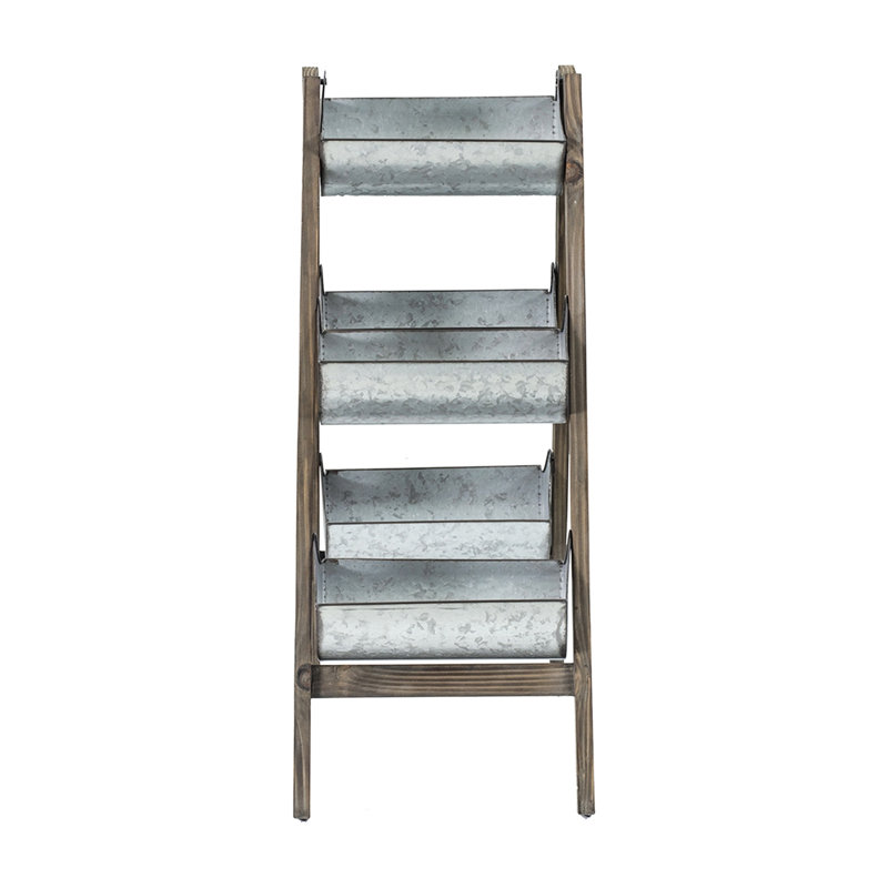 Foldable Planter 14.2" X 7.5" 70.9" - Vertical Space For Floral Delights, Five Galvanized Buckets On Wood Structure, Silver Brown Hue, Rustic Appeal, Outdoor Application And Style Garden Show Your