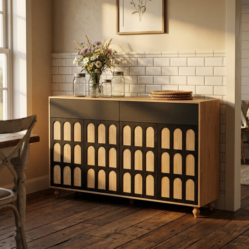 Armoire de rangement noire et jaune avec portes découpées en arche