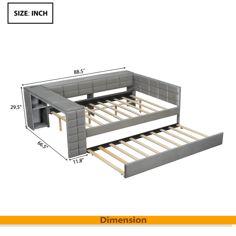 Full Size Upholstered Platform Bed With Storage Shelves, Desk, Charging Station And Trundle, Gray