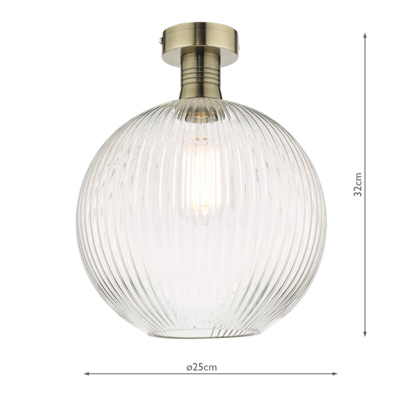 EMERSON 1LT SEMI FLUSH CW ROUND RIBBED GLASS, Antique Brass