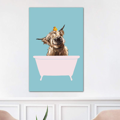 Playful Highland Cow In Bathtub by Big Nose Work - Wrapped Canvas Print