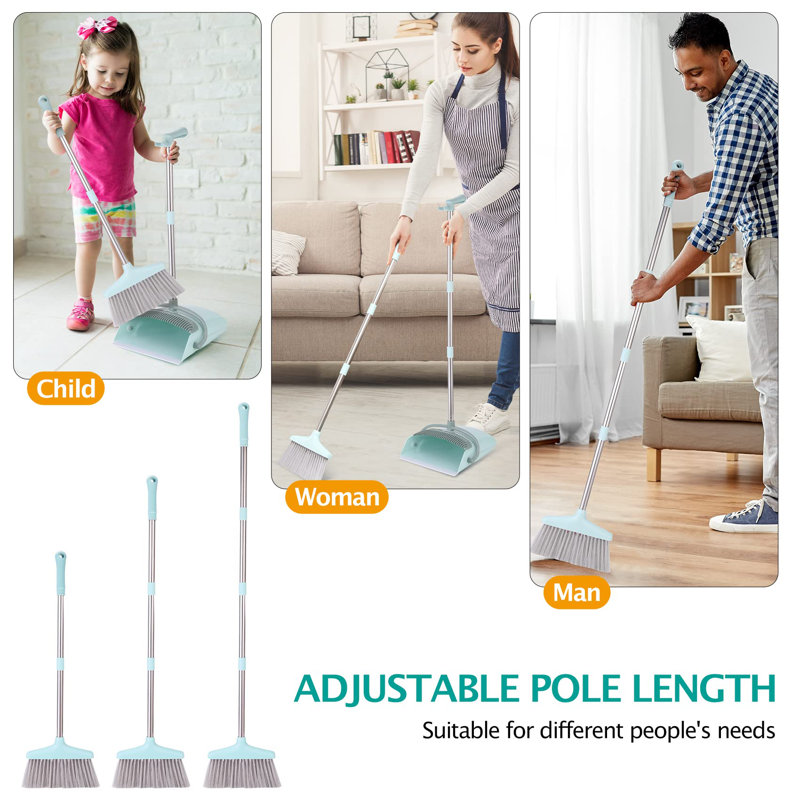 Bluish Green Stainless Steel Broom and Dustpan Set with Adjustable Handle