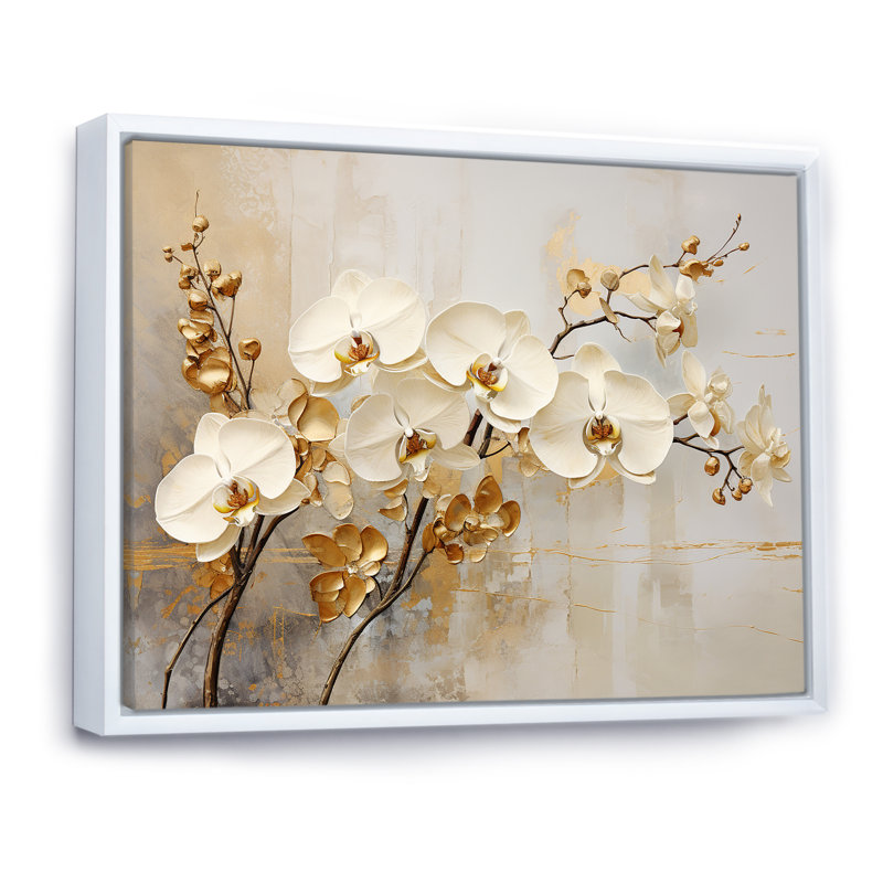 Minimalisme beige et orchidées dorées - impressions sur toile orchidées, H 34 po x l 44 po, Reproduction avec cadre flottant