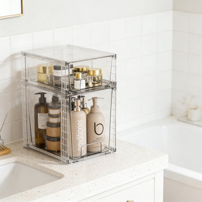 2 Pack Large Stackable Kitchen Pantry Storage Drawers, Clear Organizer Bins With Handles, Acrylic For Undersink Cabinet Organization