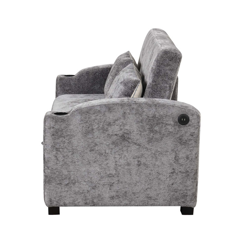 Canapé-lit convertible en chenille de 61,6 po avec dossier ajustable, 2 coussins, porte-gobelets, ports USB pour le salon et un appartement
